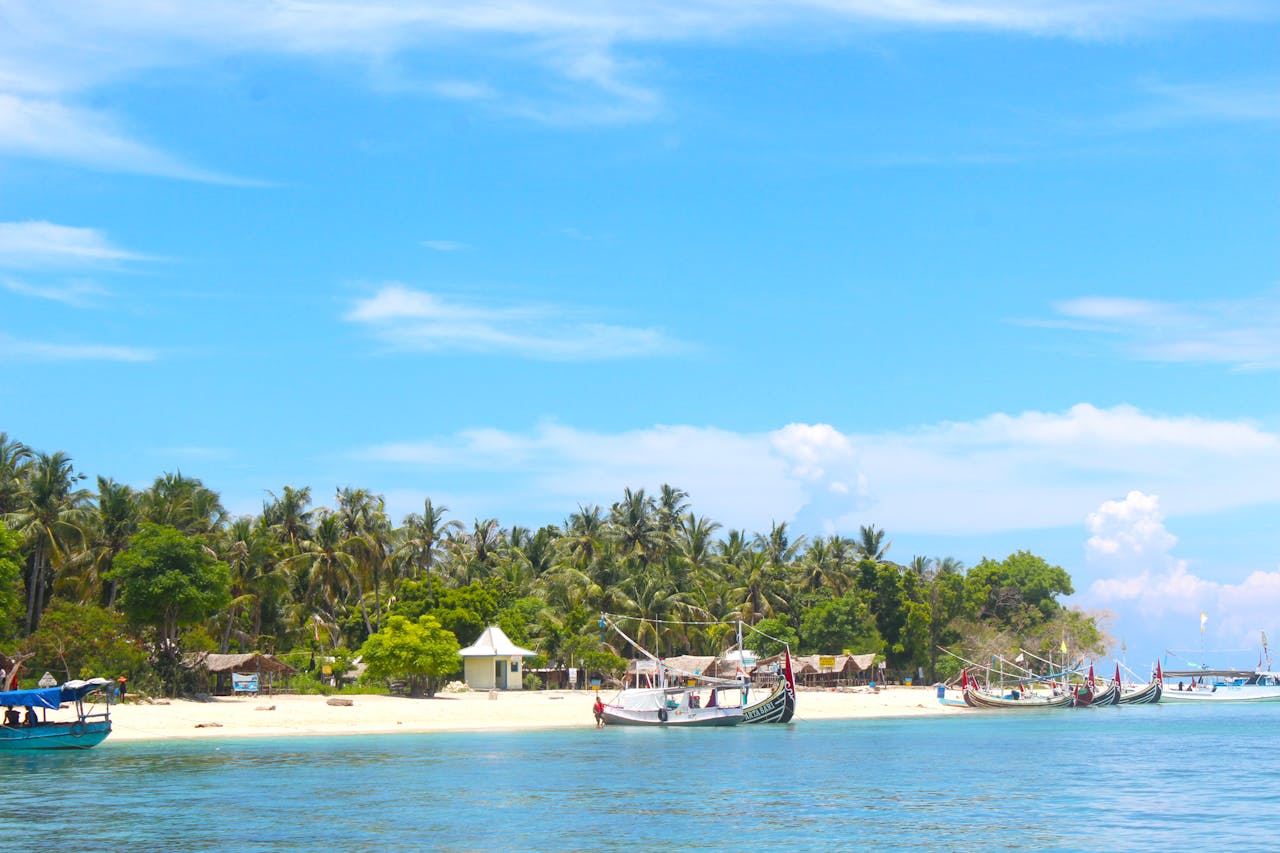 Scenic tropical beach with traditional boats, palm trees, and blue sky for a serene escape.