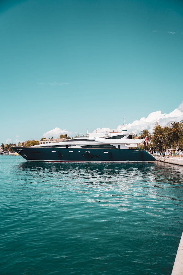 Elegant motor yacht beside a palm-lined coast, perfect for serene getaways.